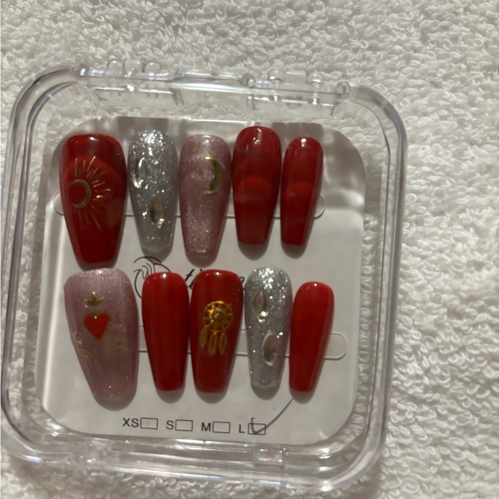 Red and Silver Press-On Nails with Gold Accents